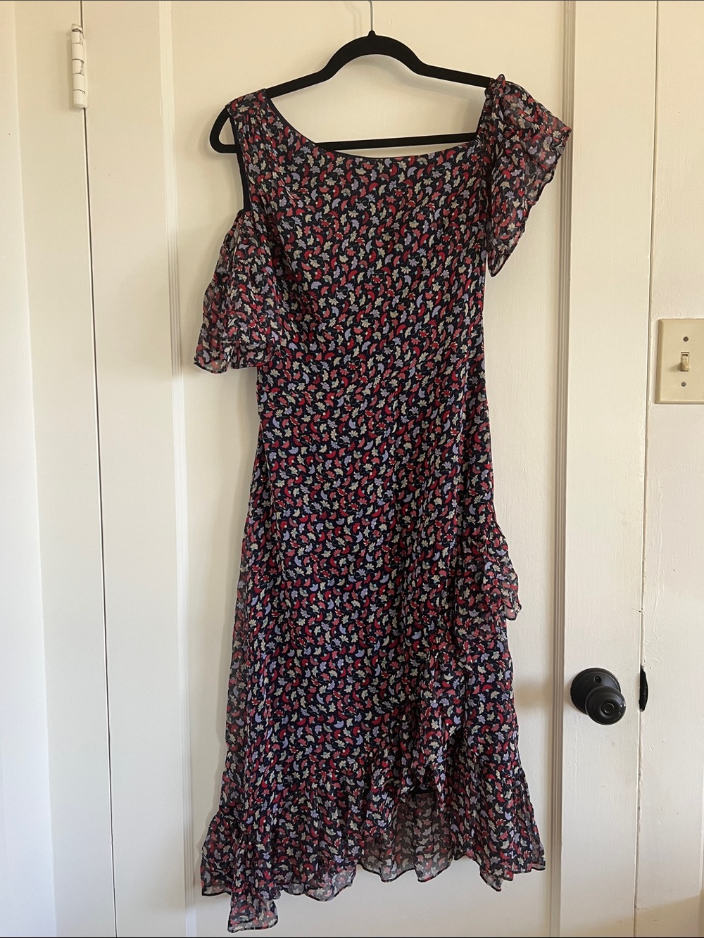 Silk Floral One-Shoulder Midi Dress in Black with Pink & Blue Print
